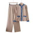 French chic goddess style: trendy denim & knit patchwork crewneck jacket + high-waisted wide-leg pants two-piece set