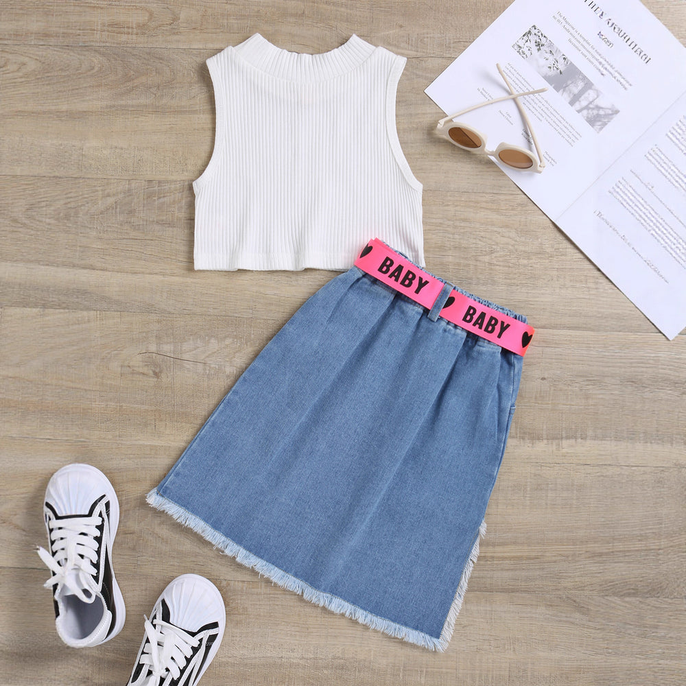 Kids' denim dress set: ribbed tank top and skirt with belt -  bestseller