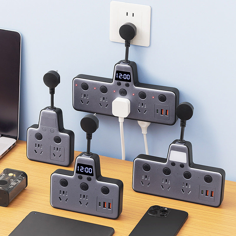 Multi-function socket usb converter with clock display, independent switches, and multiple outlets for home, dorm, and office use
