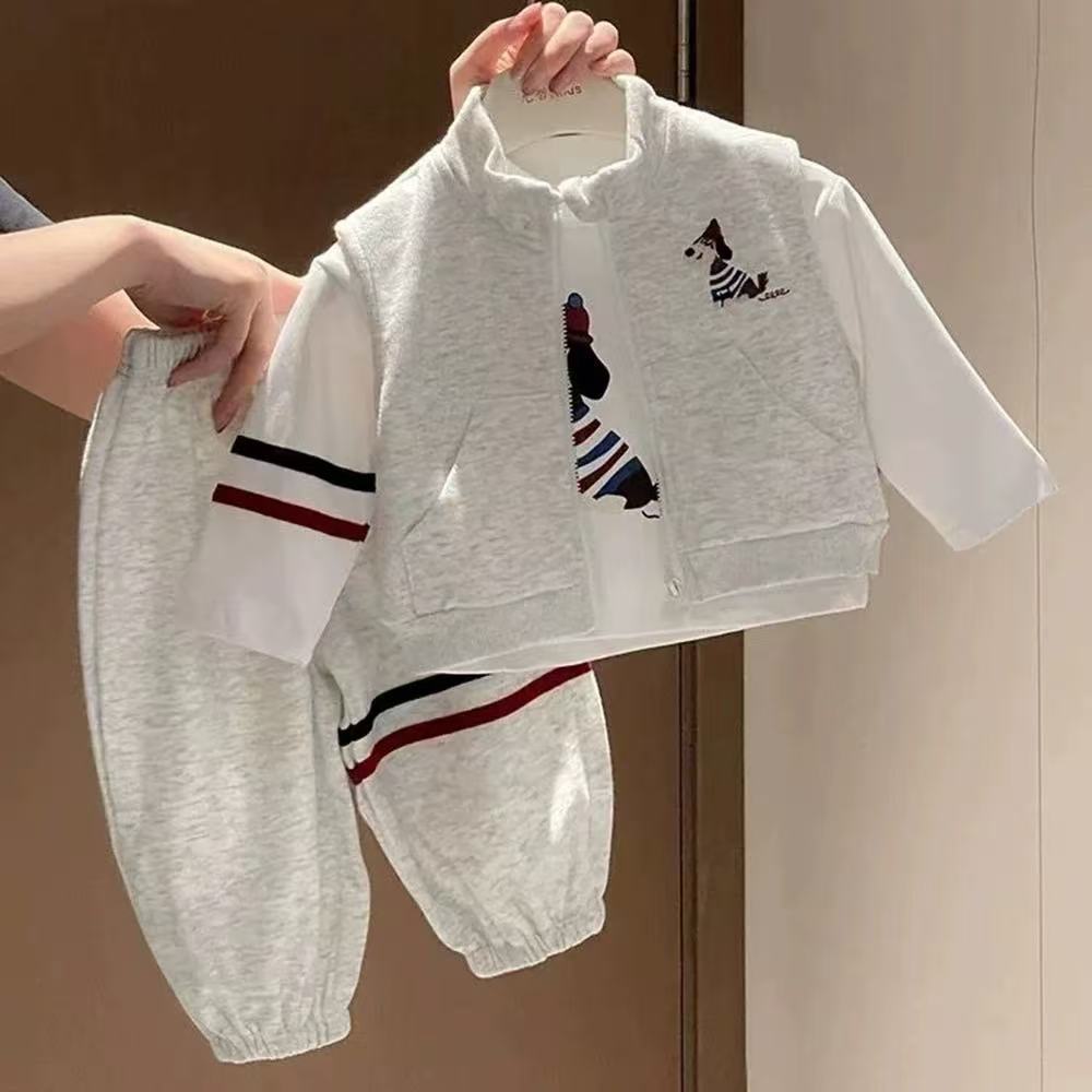 New spring/autumn korean style cartoon vest set for boys and girls - stylish and casual three-piece outfit with sweatshirt