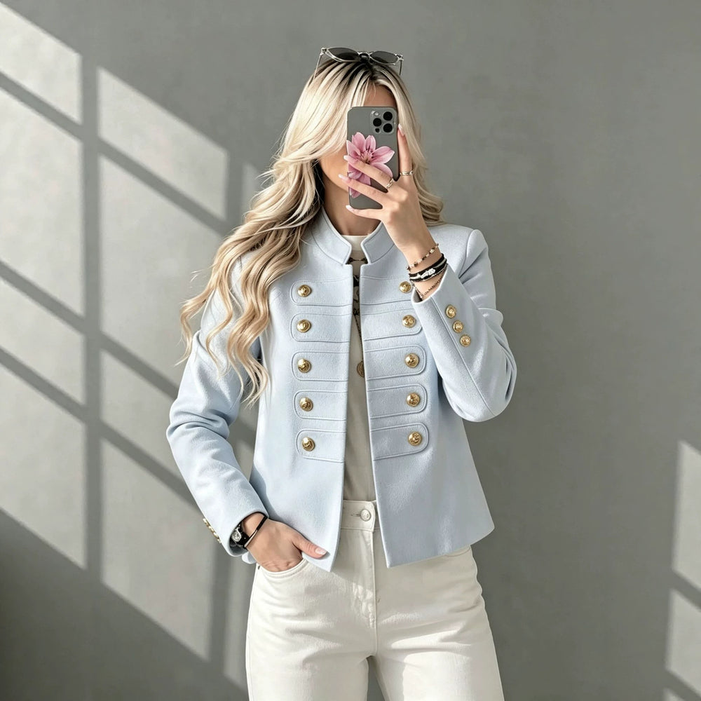 cross-border european and american style stand collar double-breasted cropped jacket - women's retro metal buckle chic commute top