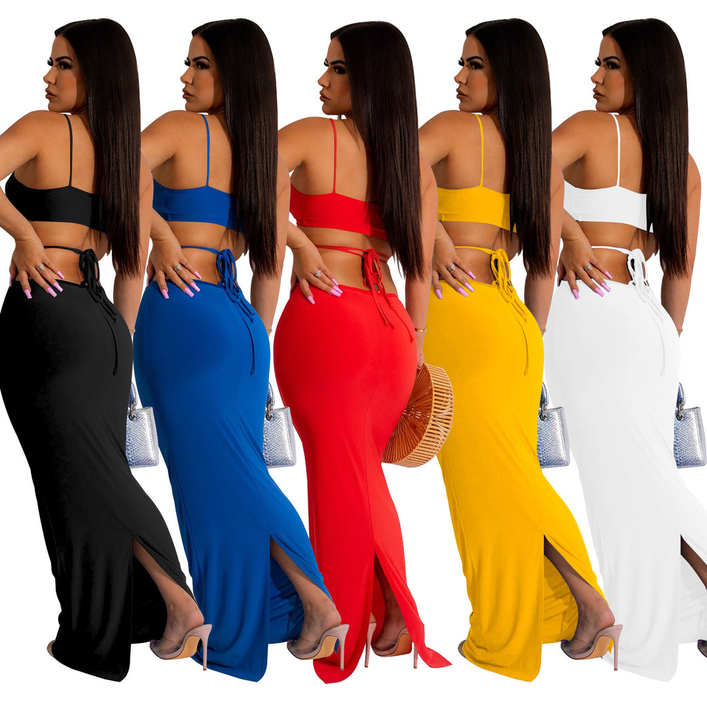C6309 Cross-border   European and American fashion women's clothing solid color strap iron ring sleeveless long dress dress