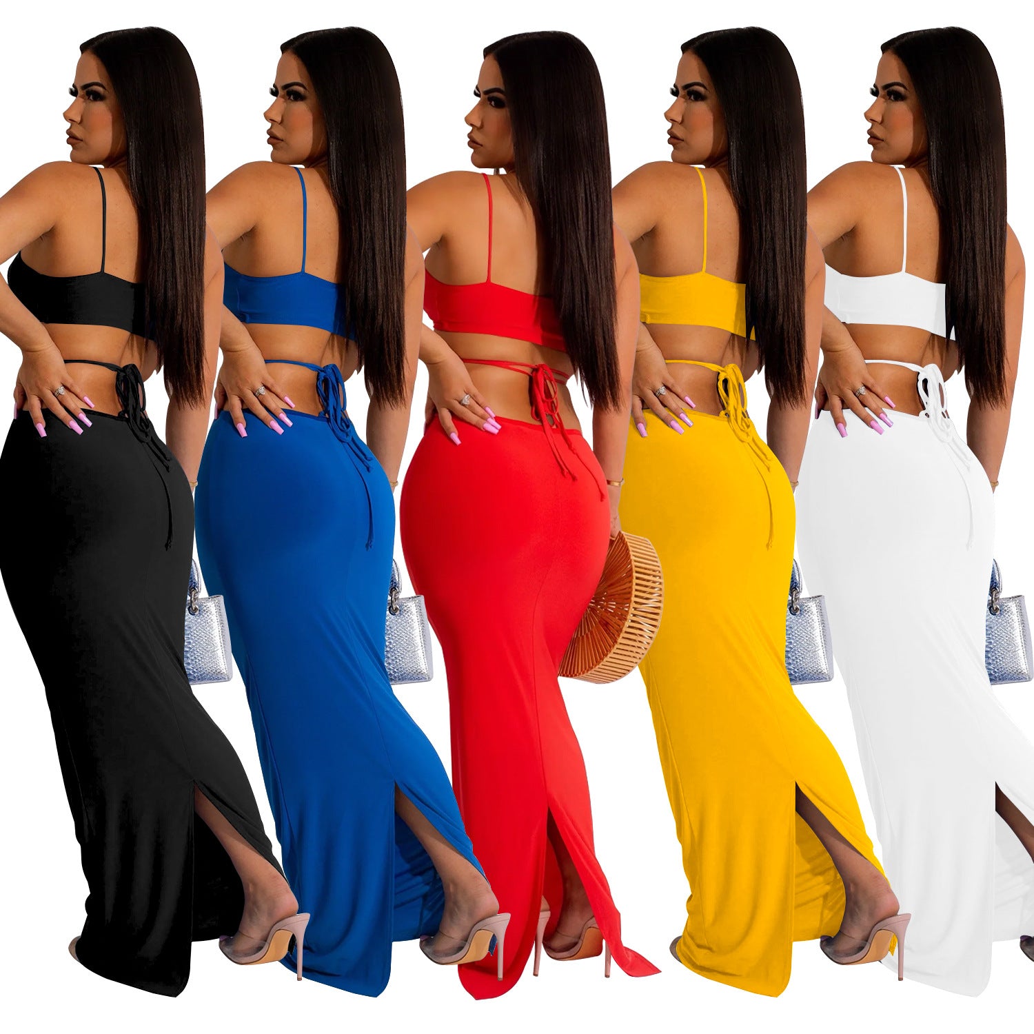 C6309 Cross-border   European and American fashion women's clothing solid color strap iron ring sleeveless long dress dress
