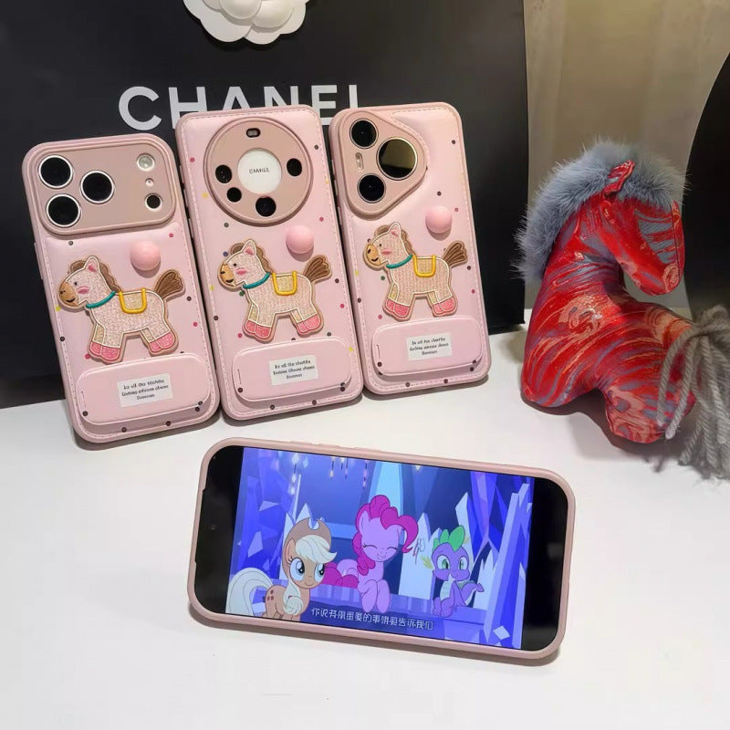 Pink pony leather pattern bread shell suitable for apple 17 mobile phone case pink women's iphone16 stand new year case