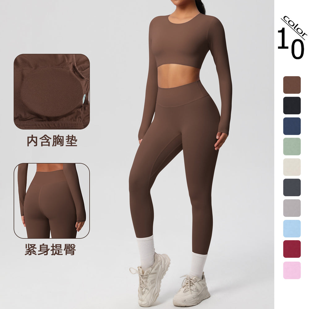 Ready-to-ship, solid-color, double-sided nylon brushed fabric, barely-there feel, form-fitting activewear yoga set for running and fitness, two-piece