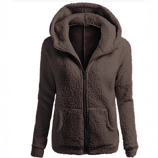 women's fashion solid color hoodie - loose fit plush zip-up jacket top