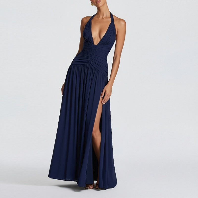 summer new arrivals: european & american cross-border women's fashion - elegant & sexy v-neck ruched slit bodycon dress