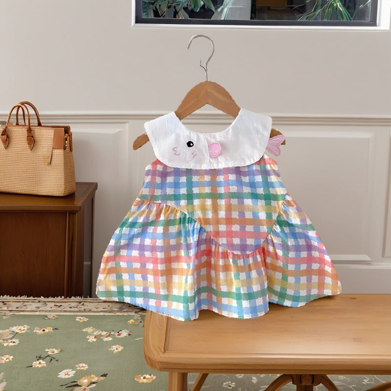 Girls' plaid dress - sleeveless round neck summer korean style - baby girl cartoon lapel tank dress - children's dress