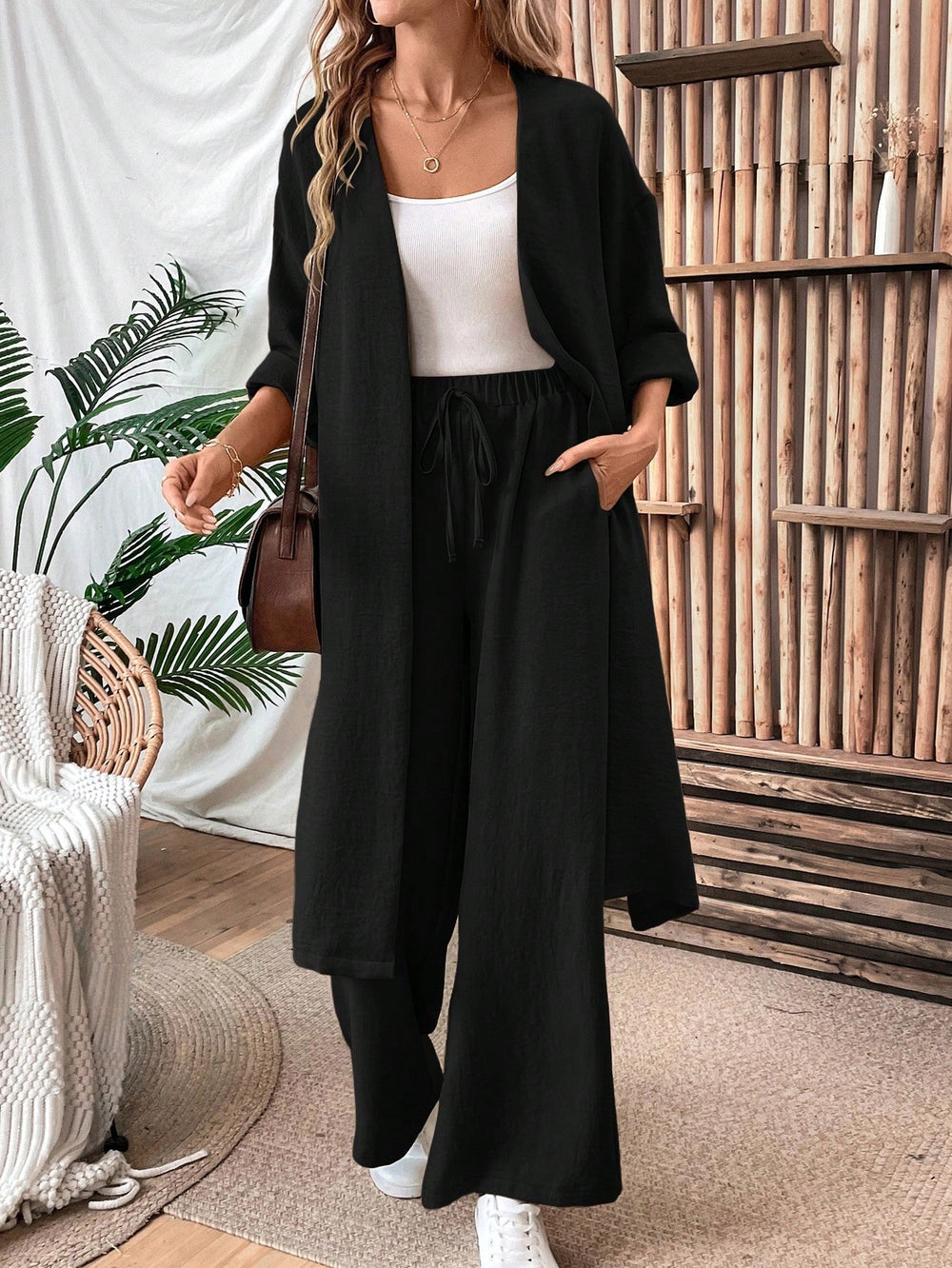 Amazon cross-border fashion casual suit spring & falllongcardigantopsloose pantstwo-piece setlooseslimming look