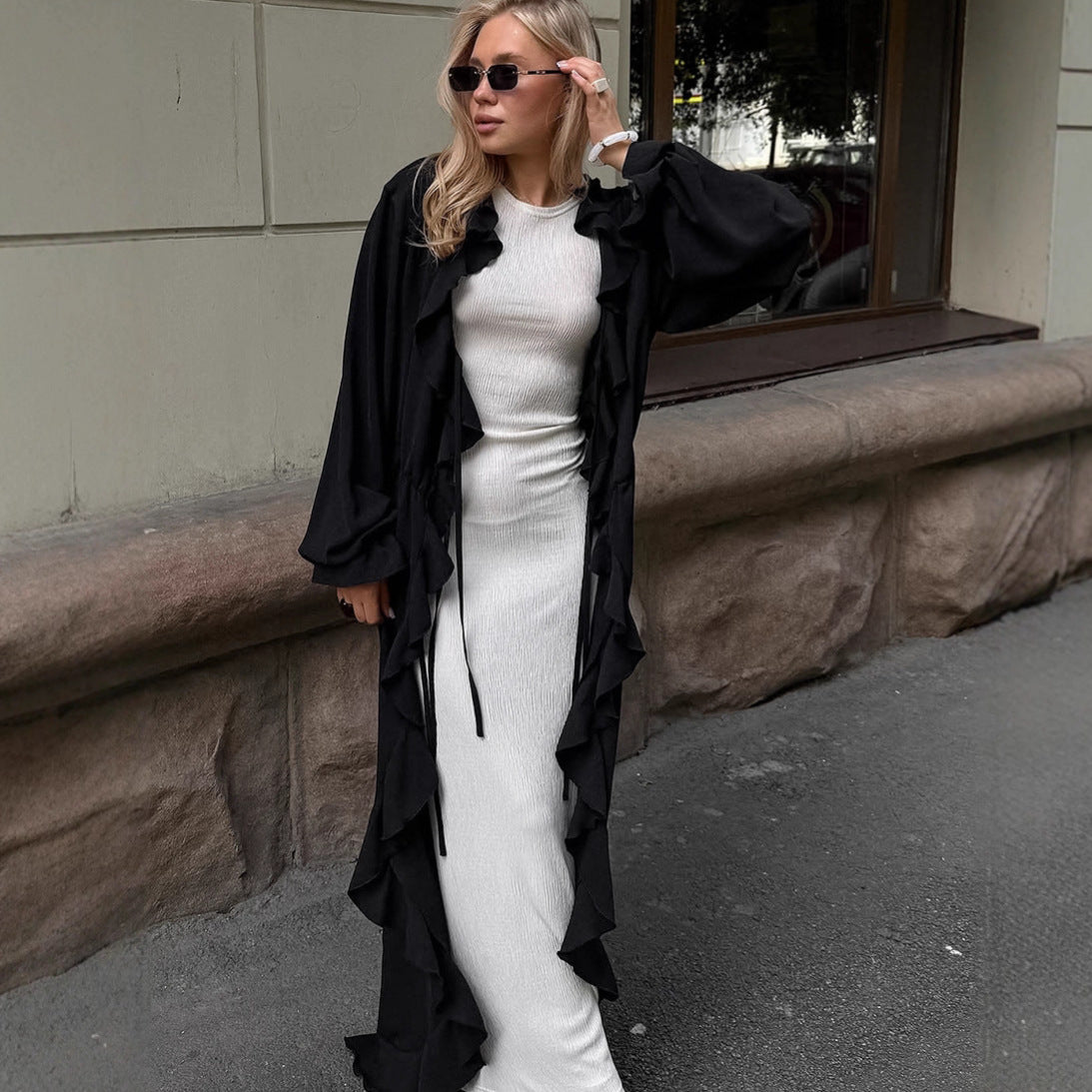 Cross-border European and American new black long-sleeved ruffle edge cardigan women's holiday style niche long lace-up split dress