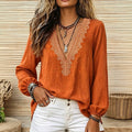 Ethnic style printinglong sleeves t-shirt deep v neck exquisite printing lantern sleeves relaxed vacation style orange loose shirt