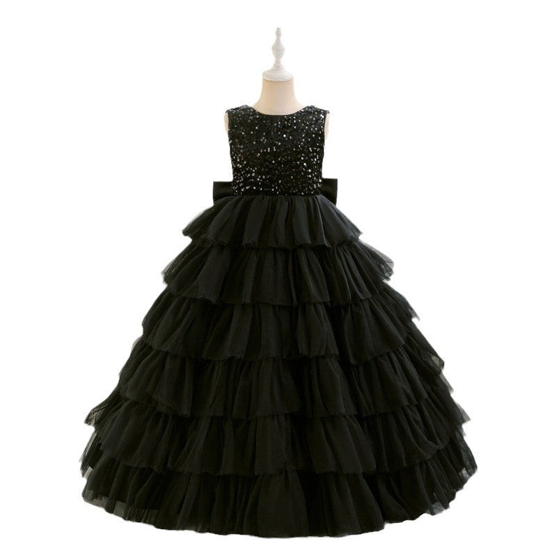 european and american girls' evening dress, long cake skirt, black elegant high-end bow sequin dress, in stock