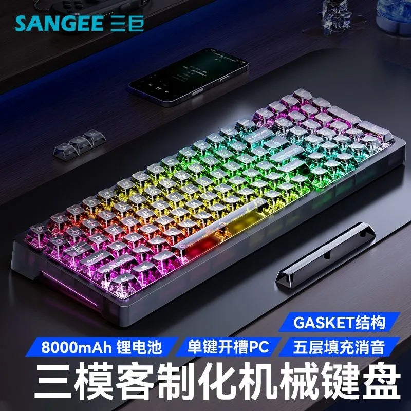 Sangee sg99 black transparent custom mechanical keyboard - gasket mount, wireless tri-mode, crystal keycaps, gaming edition
