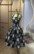 European and american cross-border women's fashion  winter new sleeveless bandeau halter neck printed ruched unique dress