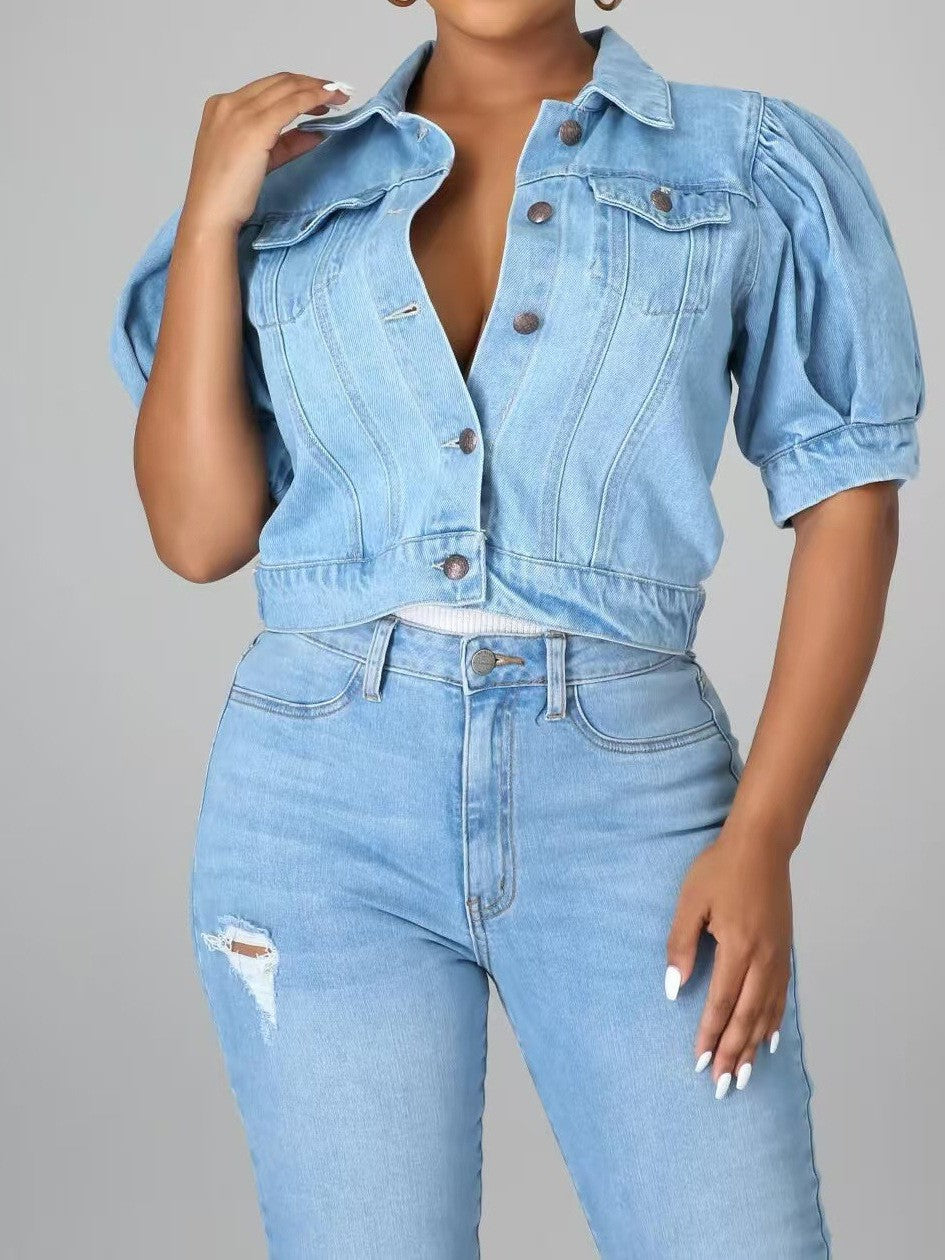 Amazon denim jacket women's hot selling new denim jacket short sleeve fashionable retro denim outerwear cross-border