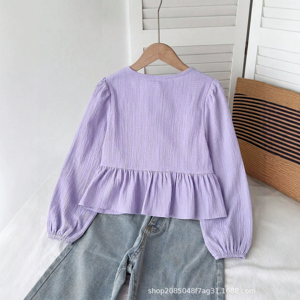 european and american women's clothing, new trendy, fashionable, sweet, casual, tie-up, round neck, puff sleeve, long-sleeved shirt