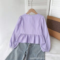 european and american women's clothing, new trendy, fashionable, sweet, casual, tie-up, round neck, puff sleeve, long-sleeved shirt
