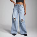 European and american style women's high-waisted distressed wide-leg jeans - american trendy frayed hem, ripped and distressed, slimming women's jeans