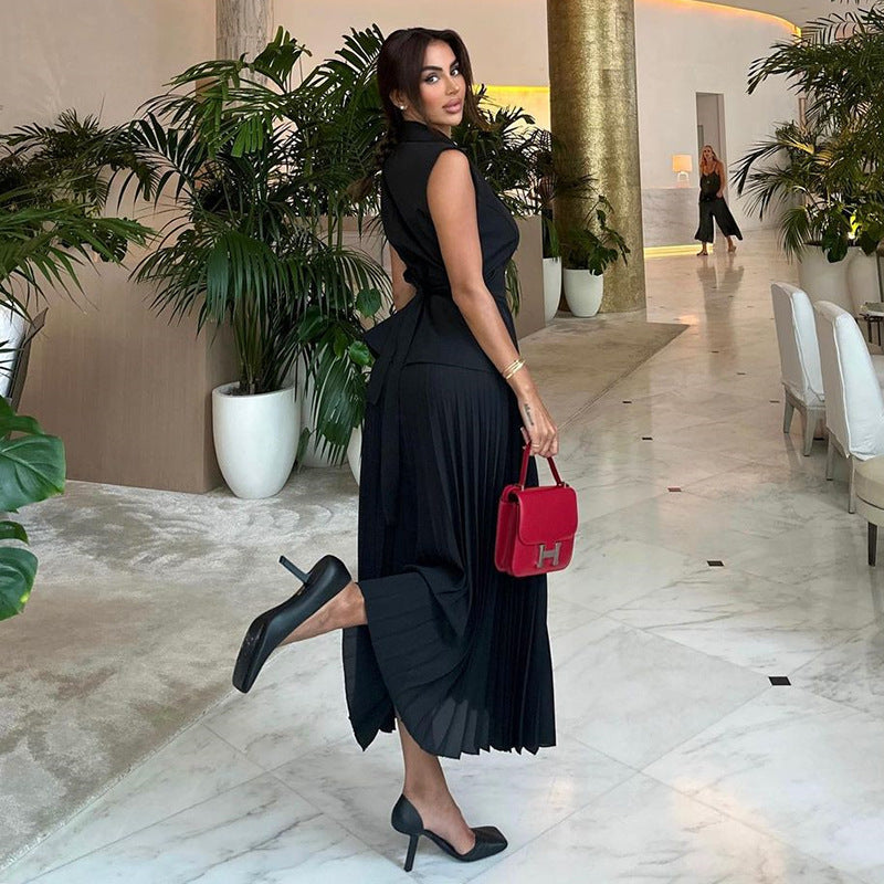 Fashion cross-border women's clothing  summer new arrivalelegant lapel sleeveless double breasted tops pleated skirt casualsuit