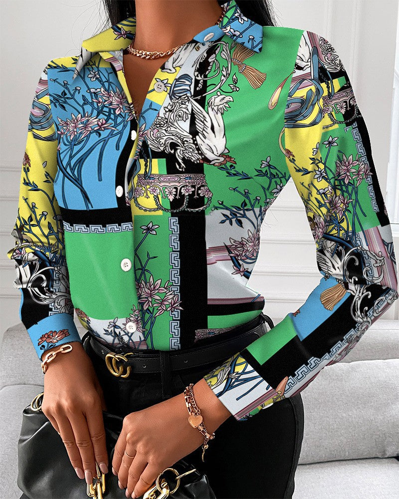 Spot 2022 European and American  women's clothing  spring and autumn shirts independent station  long-sleeved printed shirt