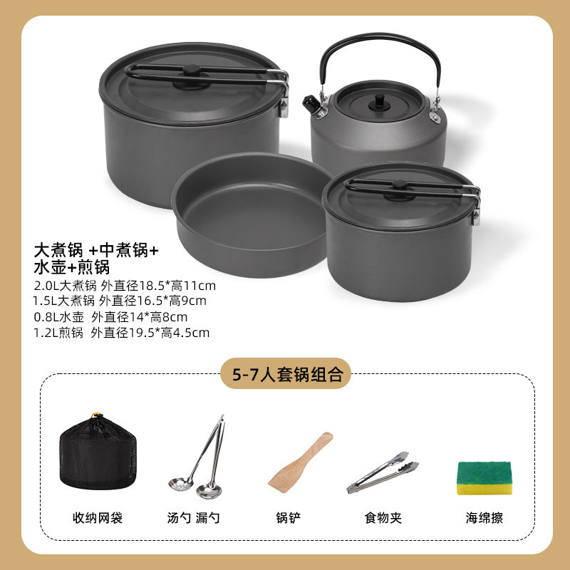 Outdoor cookware set: kettle, frying pan, cooking pot - camping gear, camping cookware, portable foldable cookware for portable stoves (e.g., butane stoves)