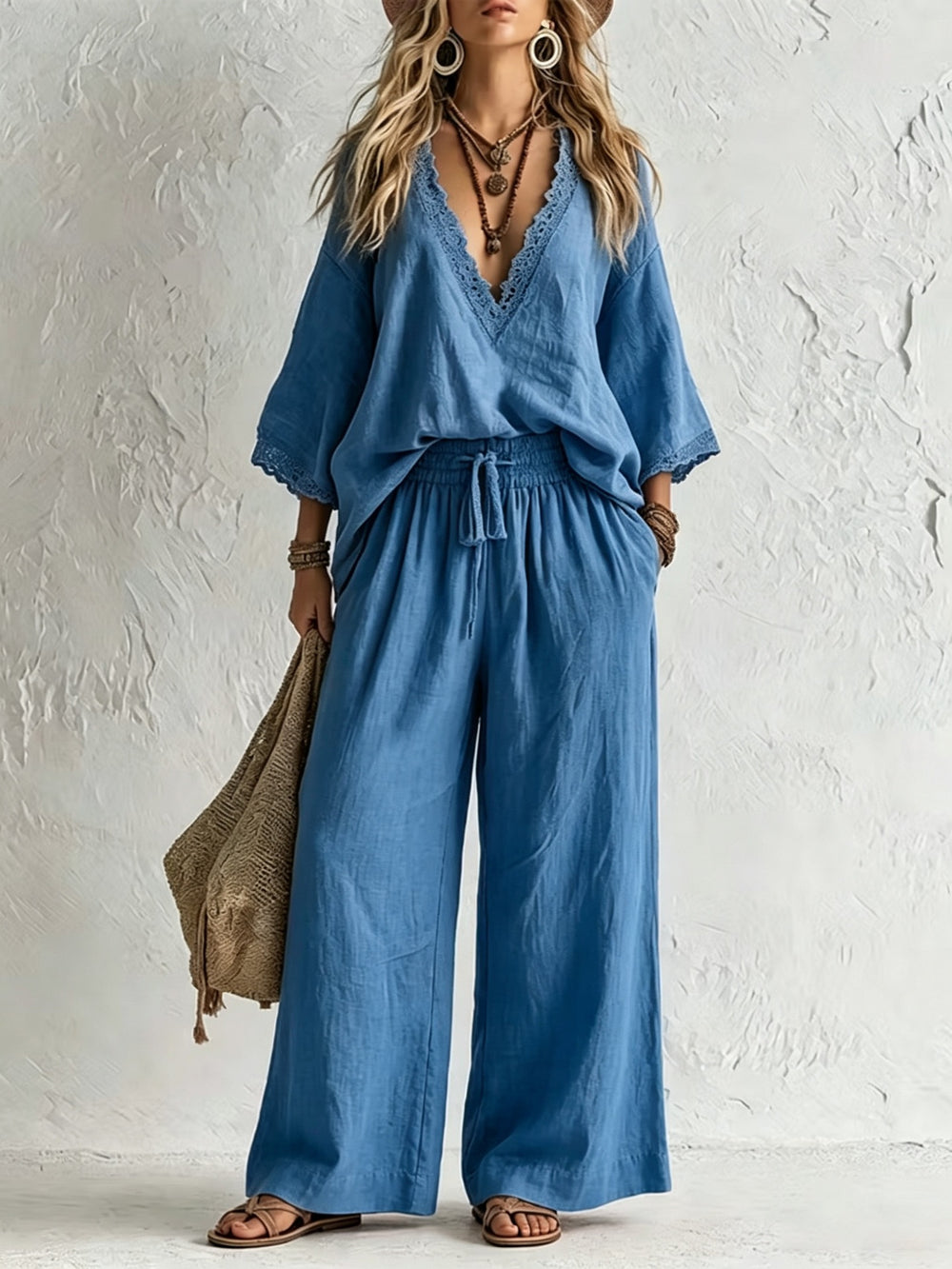 European and american cross-border e-commerce women's new bohemian style lace-trimmed v-neck top and wide-leg pants two-piece set