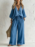 European and american cross-border e-commerce women's new bohemian style lace-trimmed v-neck top and wide-leg pants two-piece set