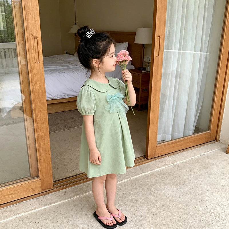 Girls' summer dress  new style: sweet bow short-sleeve summer dress for young children, stylish casual princess dress