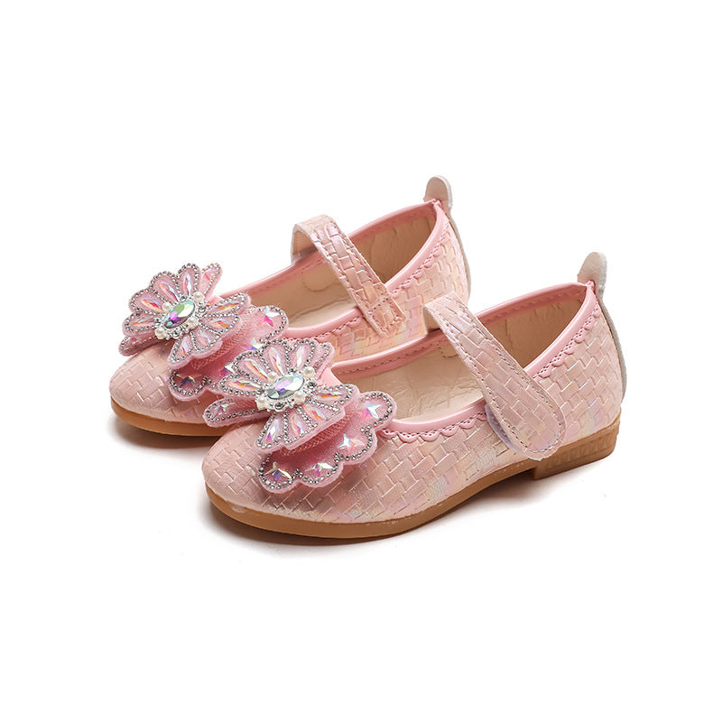 spring/autumn korean style new girls' leather shoes bow princess flats kids' velcro performance dance shoes