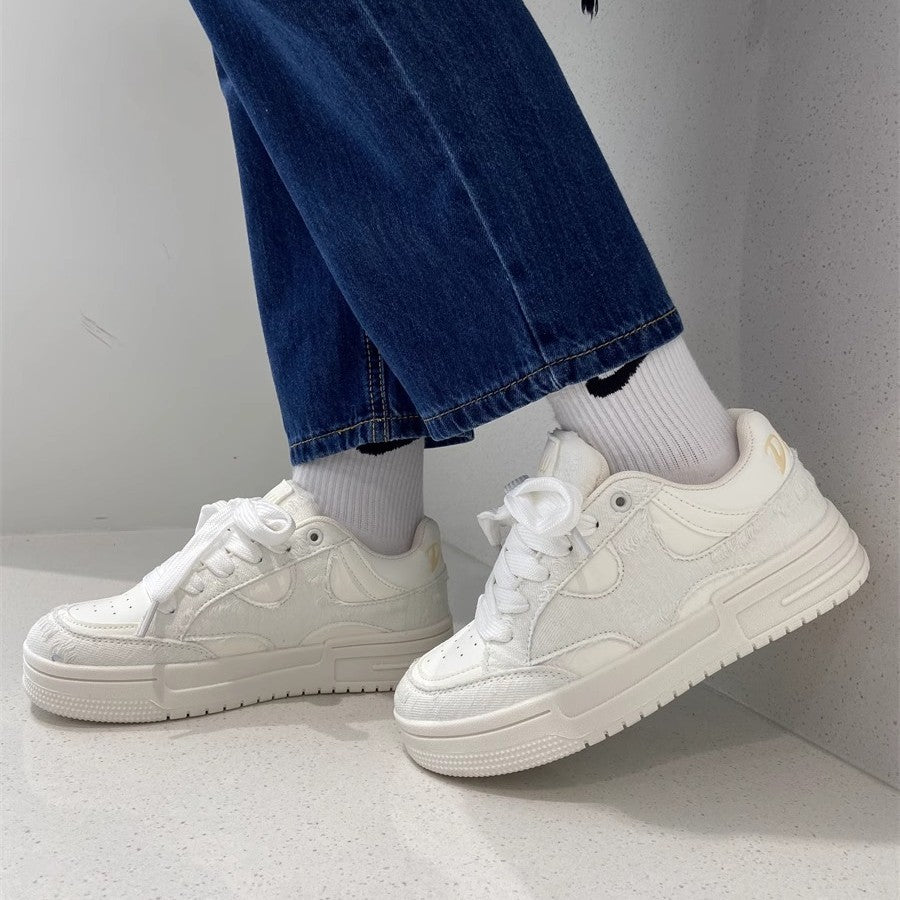 Niche chic distressed denim chunky sole bread shoes - women's trendy versatile skate shoes, height increasing student white sneakers
