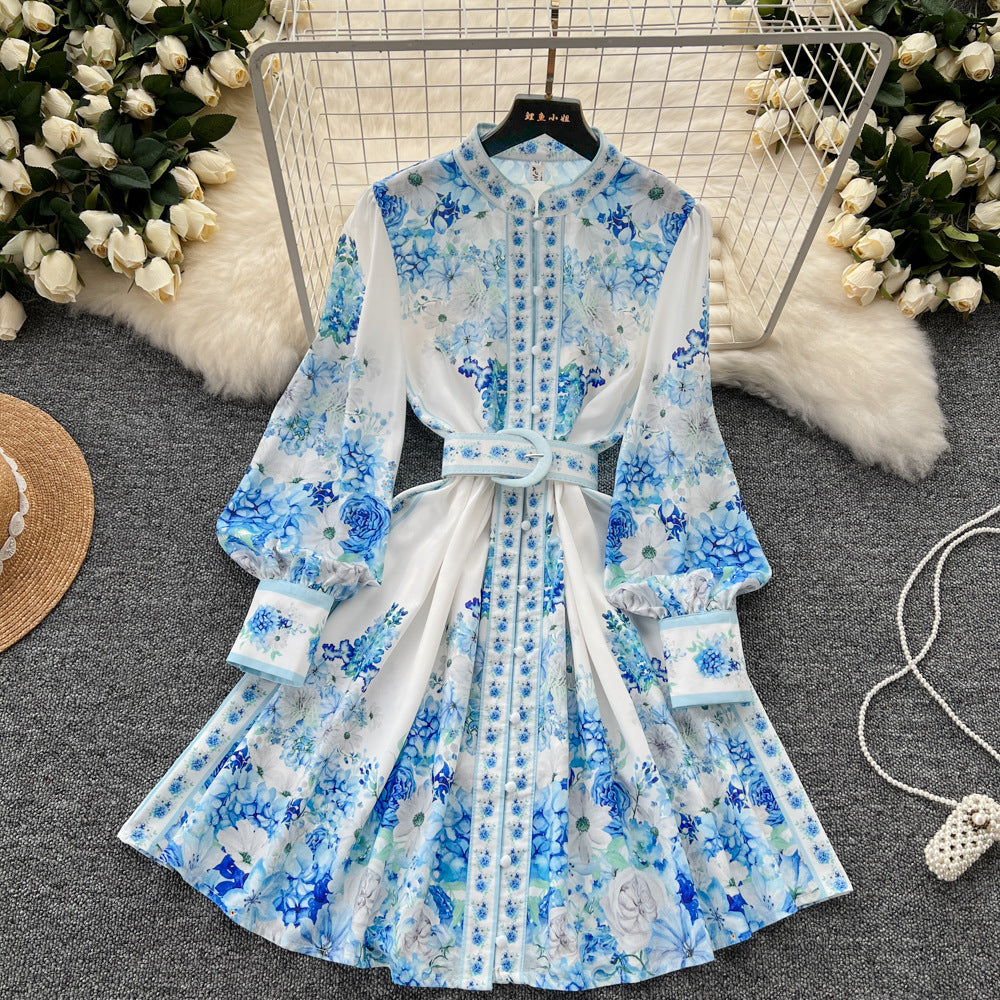 New european and american style women's dress - niche vintage long sleeve stand collar single-breasted cinched waist printed elegant party dress mini skirt