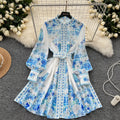 New european and american style women's dress - niche vintage long sleeve stand collar single-breasted cinched waist printed elegant party dress mini skirt