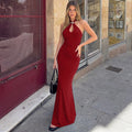 European and american cross-border women's fashion:  summer new arrival - stylish metal buckle halter neck tie-up bodycon backless dress