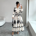Vintage ethnic print maxi dress - v-neck, single-breasted, lantern sleeves, tie-waist, ruffle hem