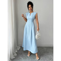 Women's summer new fashion elegant solid color textured fabric ruched waist sleeveless a-line maxi dress