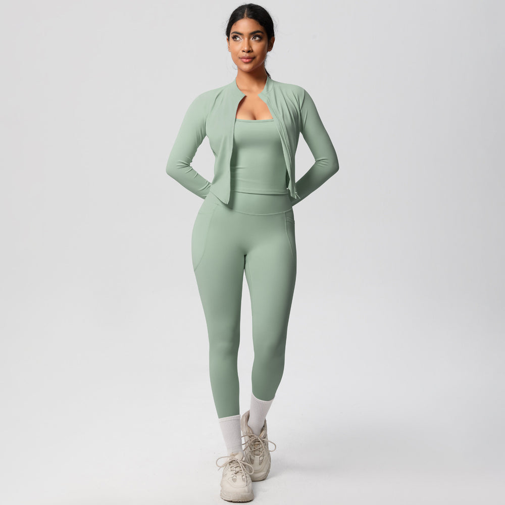 European and american outdoor casual tight-fit pocket yoga outfit set - quick-dry, high-waisted, slimming, cloud-like comfort, three-piece activewear set