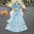 French floral v-neck ruched dress - women's summer short sleeve slim fit elegant vacation maxi dress
