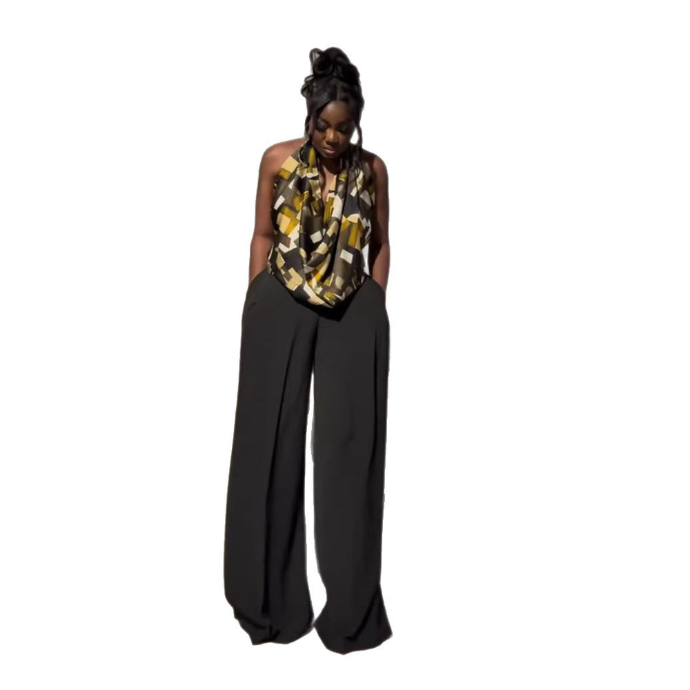 European and american cross-border women's fashion  summer new sexy elegant printed halter neck sleeveless top wide leg pants set