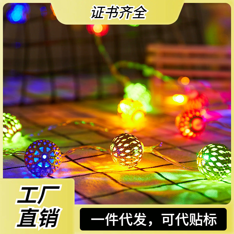 Cross-border new LED Moroccan ball light string Christmas wrought iron small ball hollow gold ball decorative lights