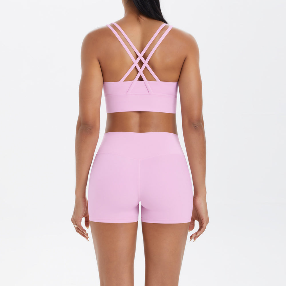 Fashion cross-border nude brushed cross back bra casual sports hip lifting shorts fitness yoga wear two-piece set