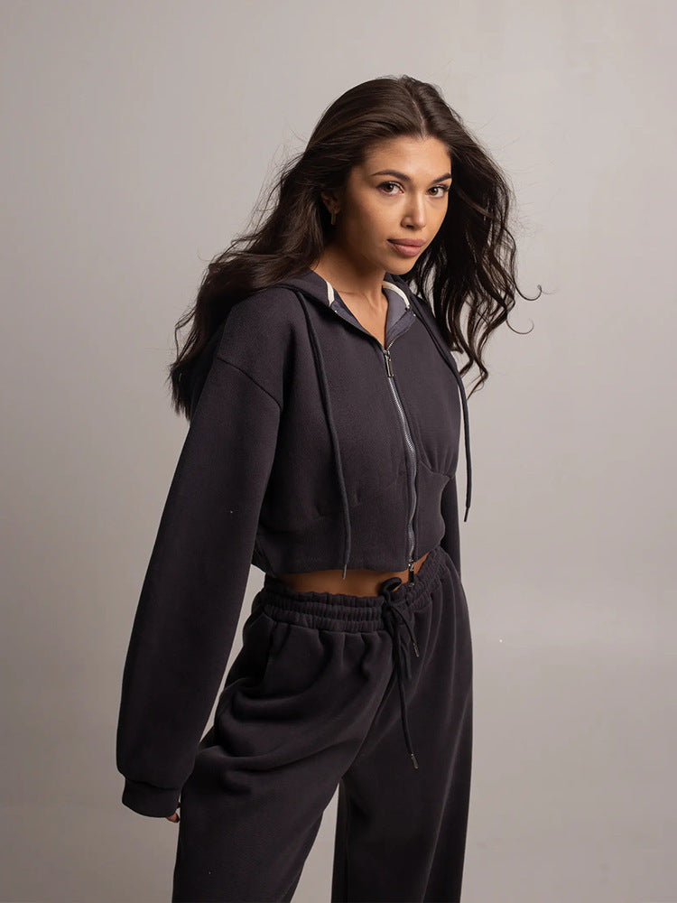 Cross-border European and American women's fashion sports suit solid color long-sleeved zipper hooded cardigan sweater casual pants two-piece set