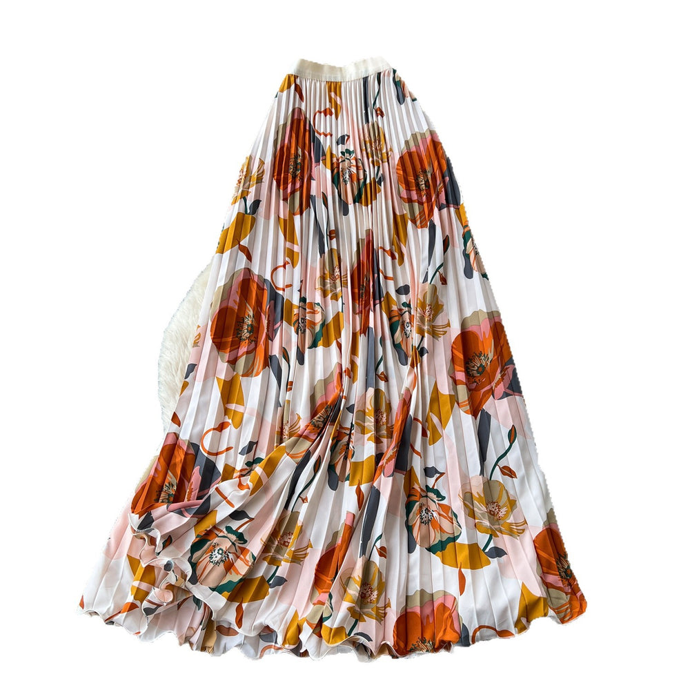 Retroprintingloose medium long pleated skirt women's high waist a-line skirt work clothing large swing drapedelegant long skirt