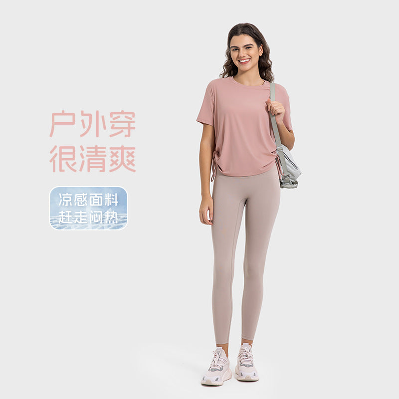 Hf millennium new arrival: cool, breathable, quick-dry drawstring ruched loose fit comfortable crew neck outdoor sports short sleeve t-shirt dss121