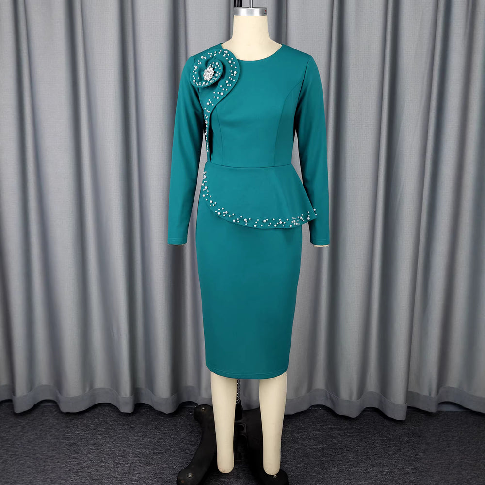 European and american style bodycon pencil skirt with beaded detailing, 3d floral ruffle hem, and cinched waist – perfect for parties and events
