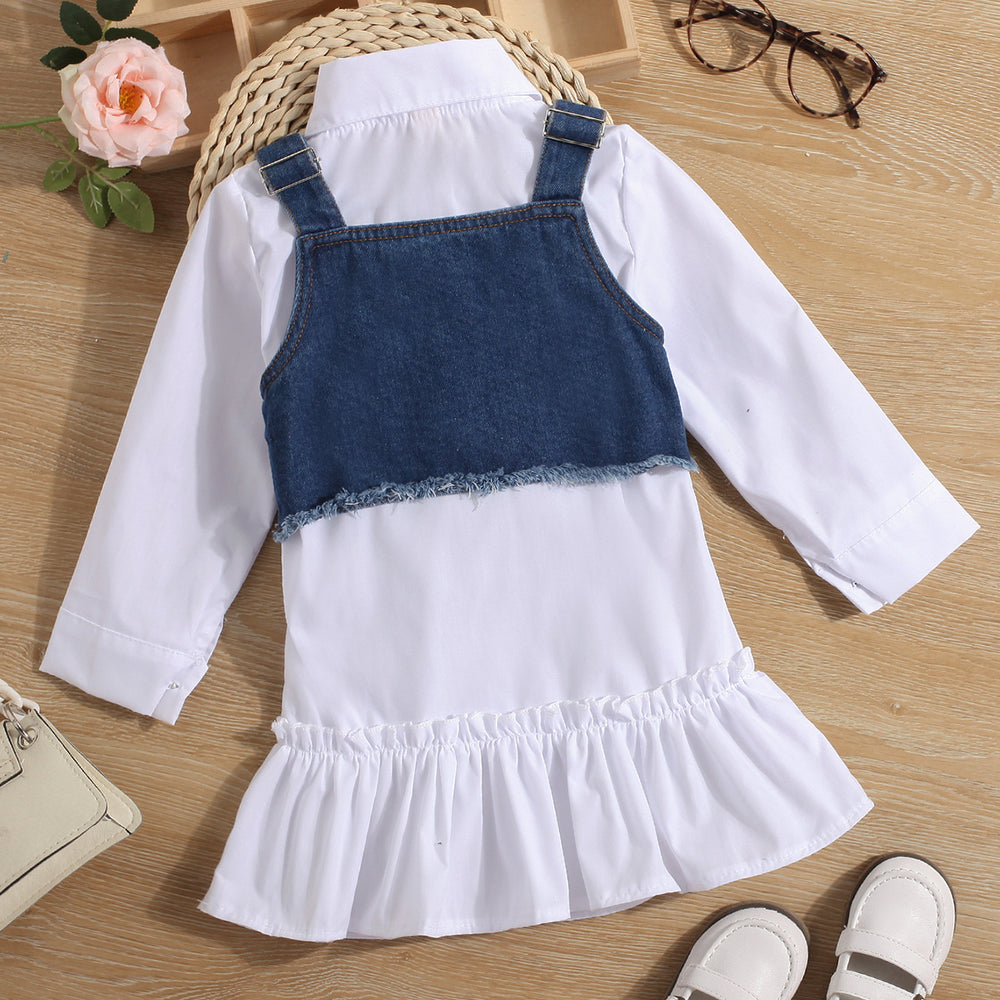 spring/autumn children's export lapel shirt dress for girls with ruffle trim, denim vest two-piece set