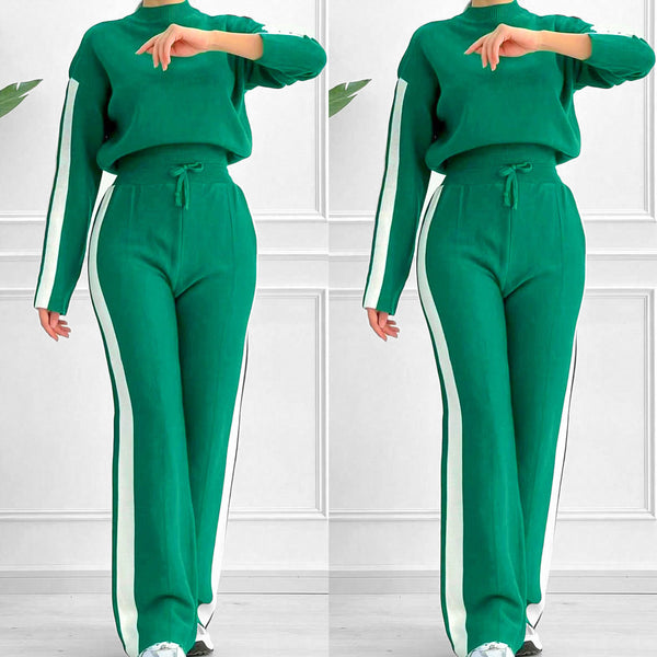 S391329 Cross-border green contrasting color knitted suit, half turtleneck sweater, side striped wide-leg pants two-piece set for women