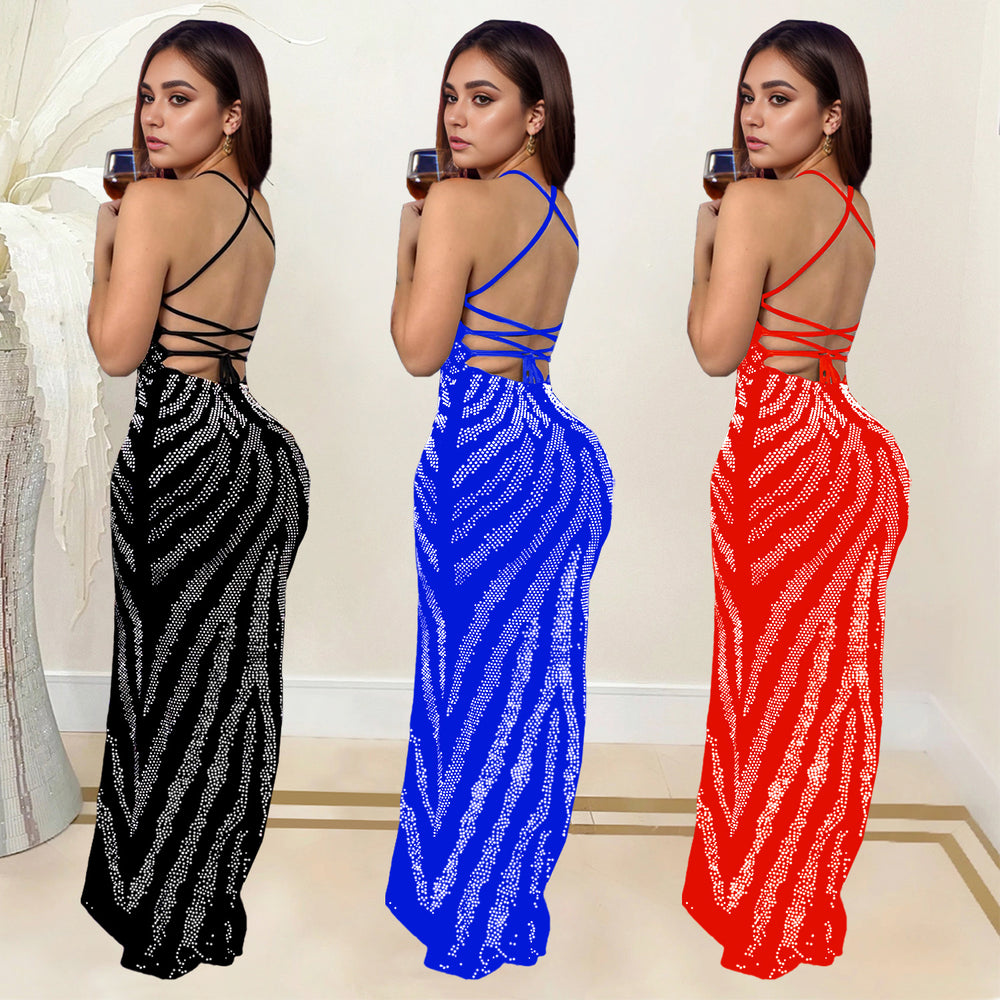 C7099 cross-border   independent station fashion fashion women's suspender hot diamond classy dress