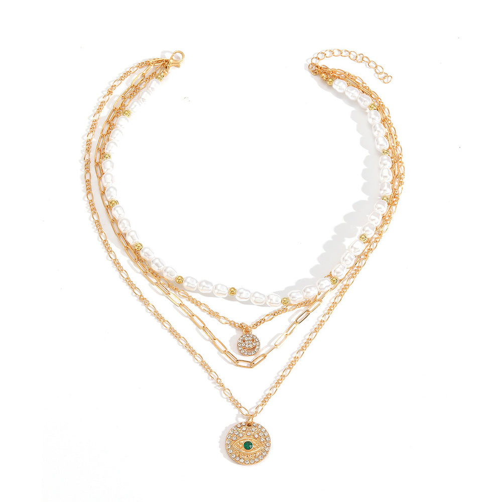European and american chic minimalist faux pearl necklace - vintage french style, light luxury, diamond-accented smiley face & devil's eye layered necklace