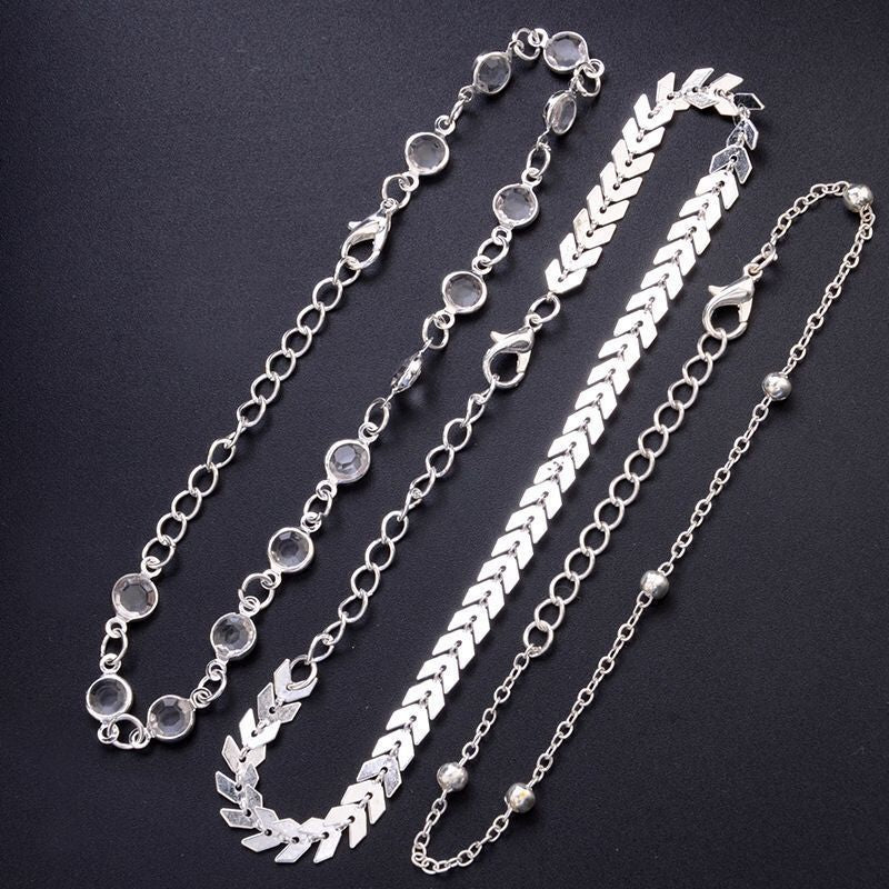 European and american cross-border trendy fashion fishbone chain anklet summer beach anklet women's beaded chain arrow zircon three-piece anklet set