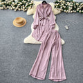 Fashionsuitfemalek-stylecasual lazy style strap waist mid-length hot diamond shirt high waist wide leg straight-leg pants